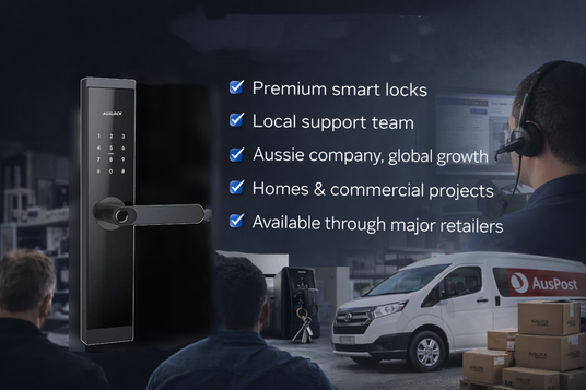 Smart lock with features listed and a person with a headset in an office setting.